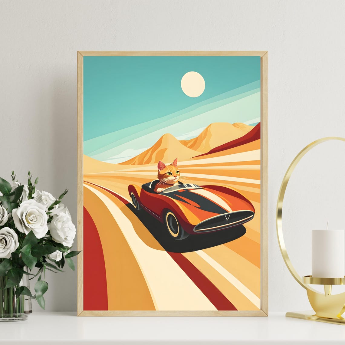 Orange Cat Driving Red Vintage Race Car on Desert Road Poster - Image 2