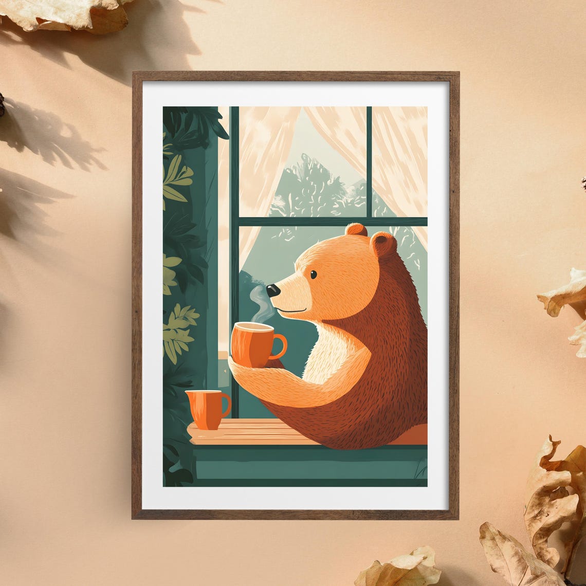 Cozy Brown Bear Drinking Coffee by a Sunny Forest Window Poster - Image 4