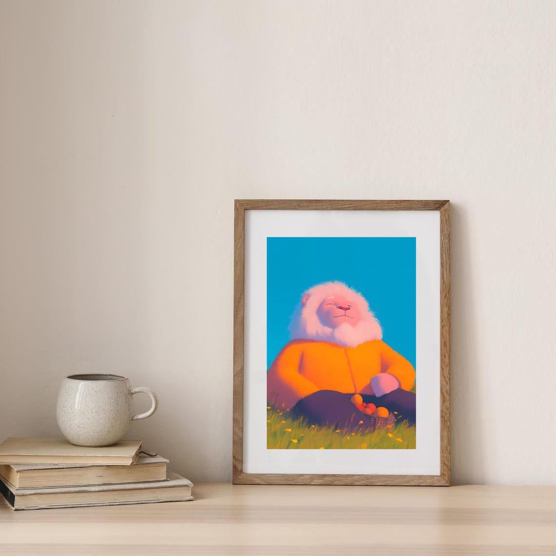 Serene Lion in Orange Hoodie with Fruit Basket Meadow Poster - Image 3