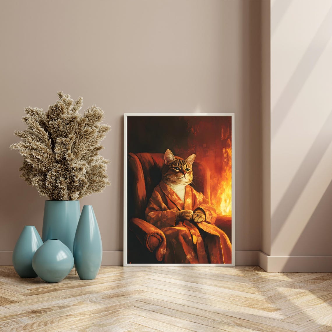 Regal Tabby Cat Wearing An Orange Robe By The Fireplace Poster - Image 4