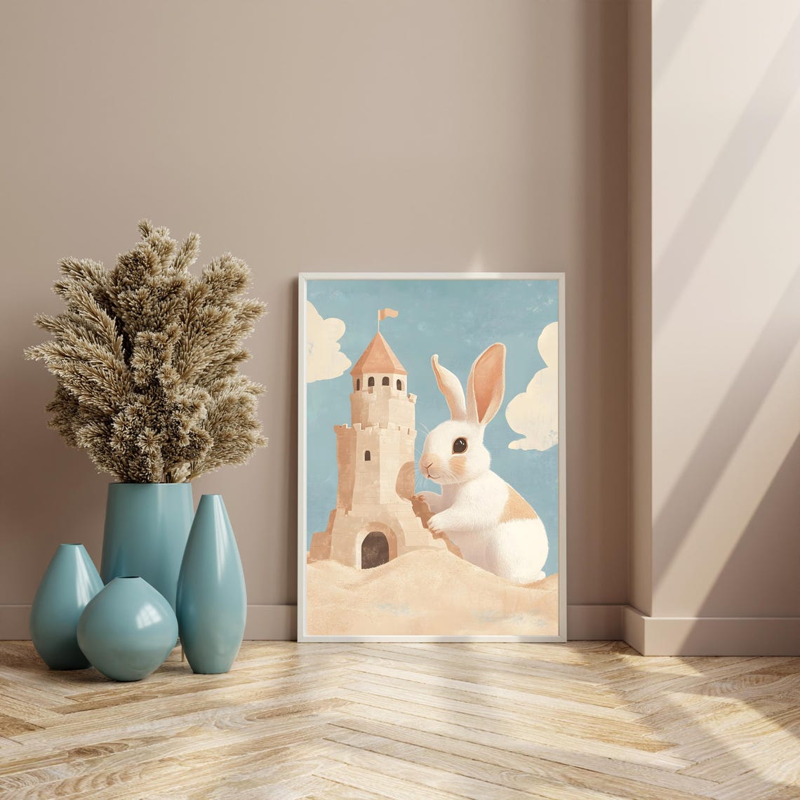 Adorable White Bunny Building a Sandcastle Tower on the Beach Poster - Image 2