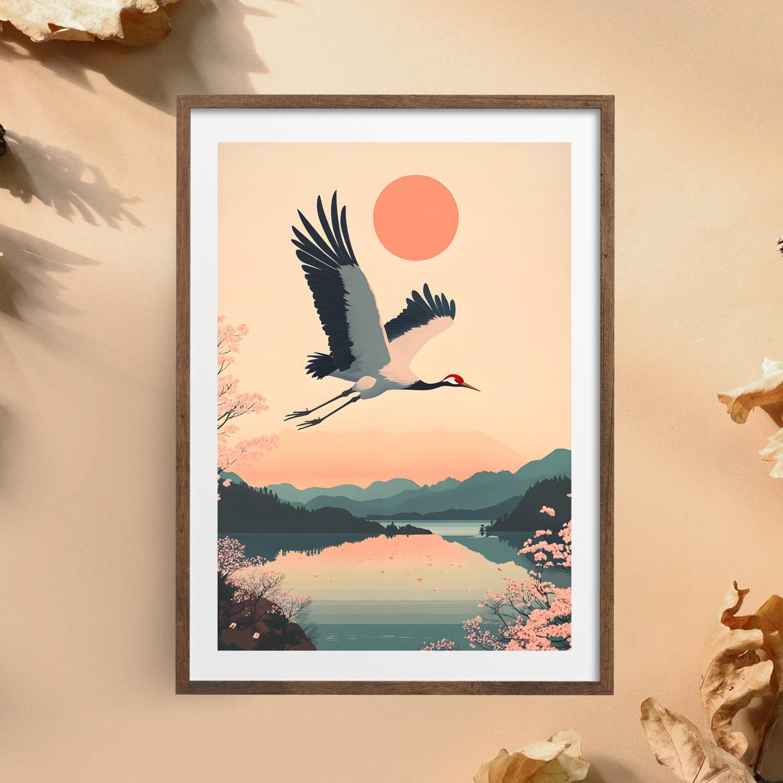 Japanese Crane Flying Over a Lake Lined With Cherry Blossoms Poster