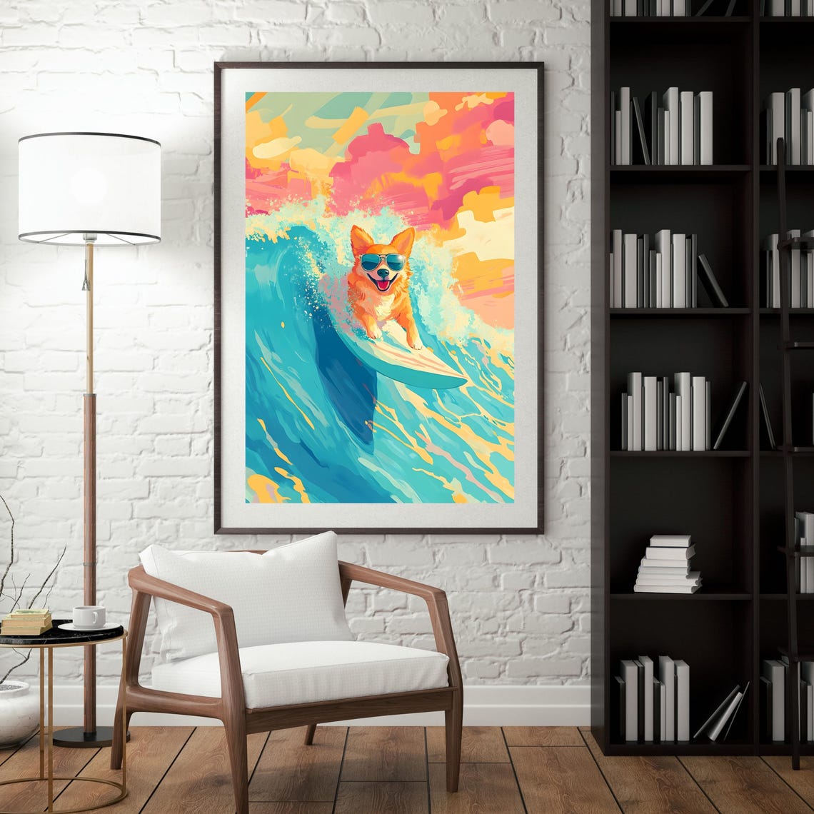 Happy Surfing Corgi in Sunglasses Riding a Big Ocean Wave Poster - Image 2