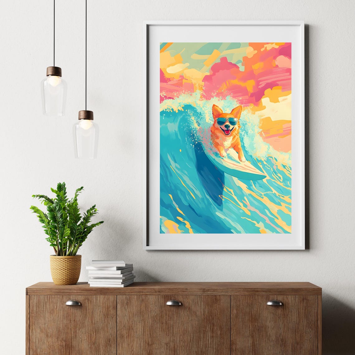 Happy Surfing Corgi in Sunglasses Riding a Big Ocean Wave Poster - Image 4