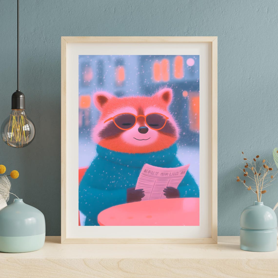 Red Panda In Sweater Reading Newspaper In Snowfall Winter Poster - Image 4