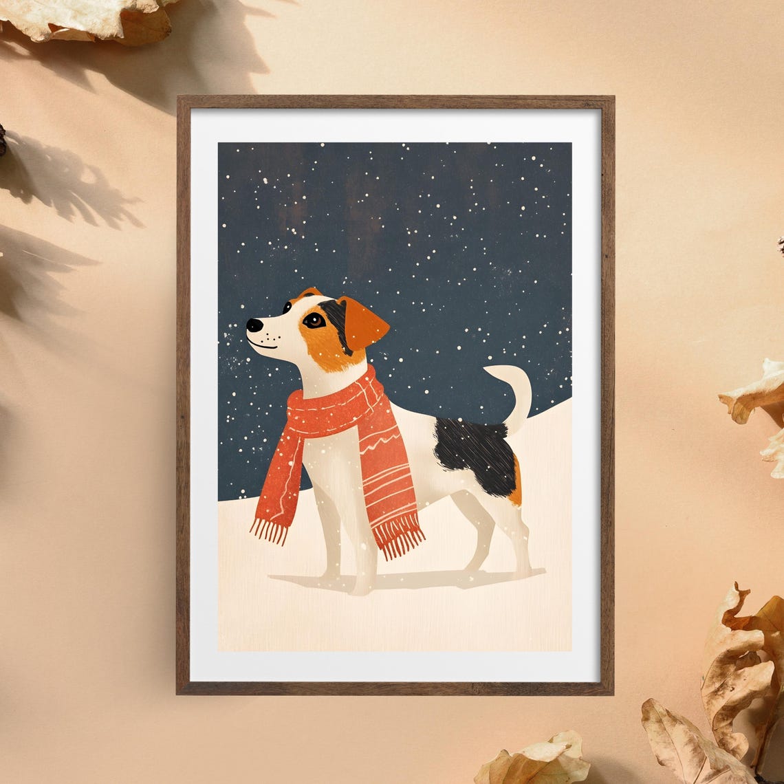 Dog Wearing A Red Scarf Standing In Falling Snow Winter Night Poster - Image 6