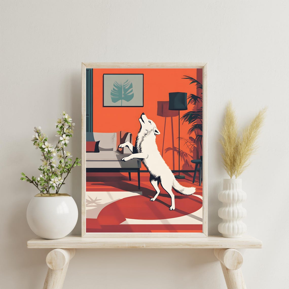 Playful White Wolf Howling Retro Living Room Mid Century Art Poster - Image 6
