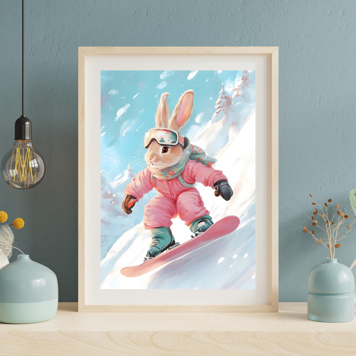Cute Snowboarding Bunny Poster Winter Sports Animal Art Adorable Bunny Wall Art Snowboarding Animal Illustration Winter Wonderland