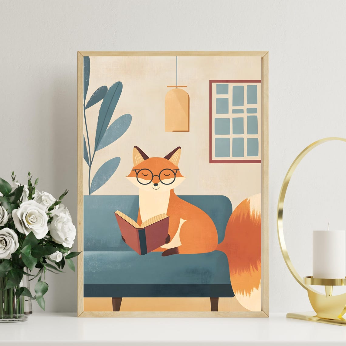Cozy Fox Reading Book on Teal Sofa Minimalist Illustration Poster - Image 4