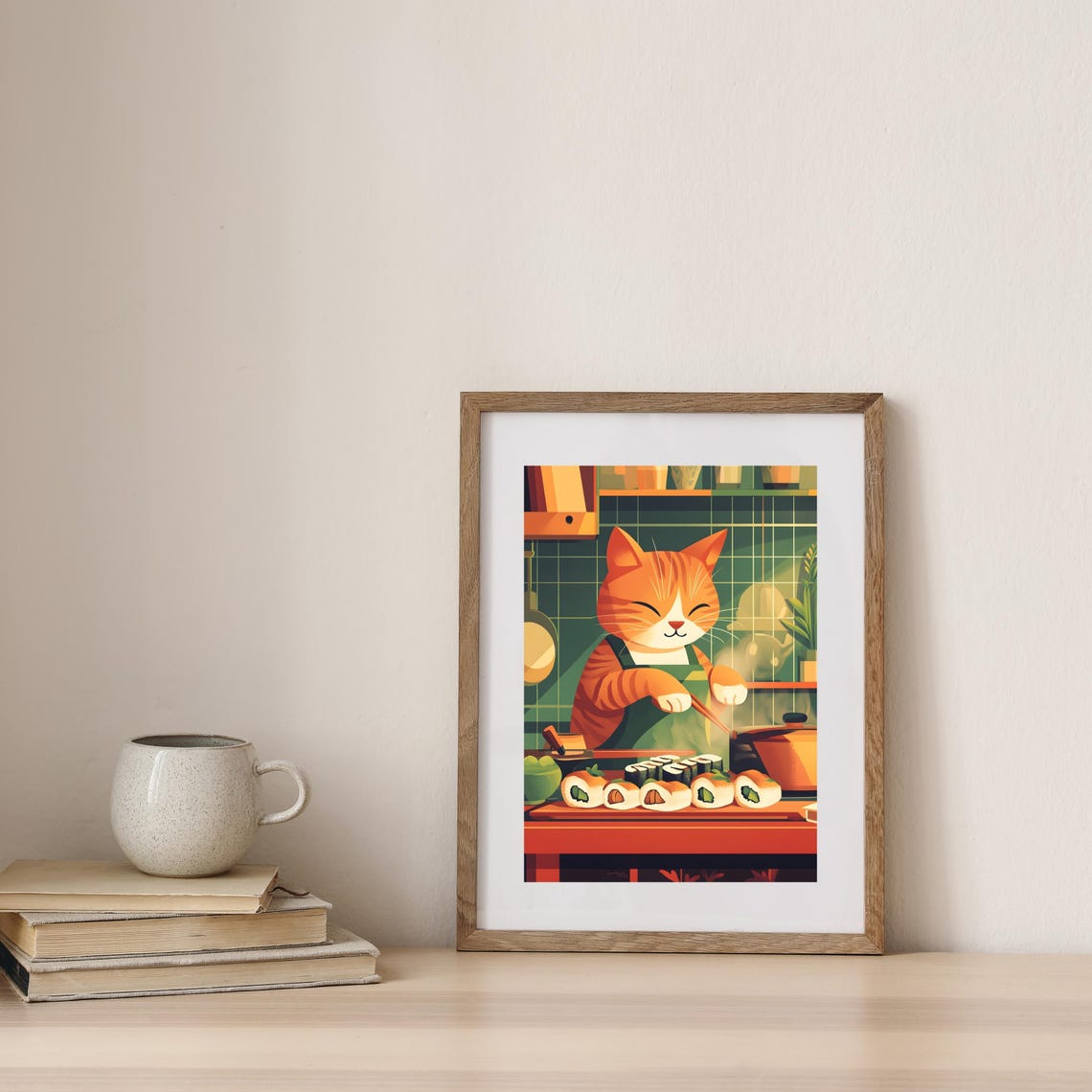 Ginger Cat Sushi Chef Rolling Sushi In A Cozy Kitchen Scene Poster - Image 5
