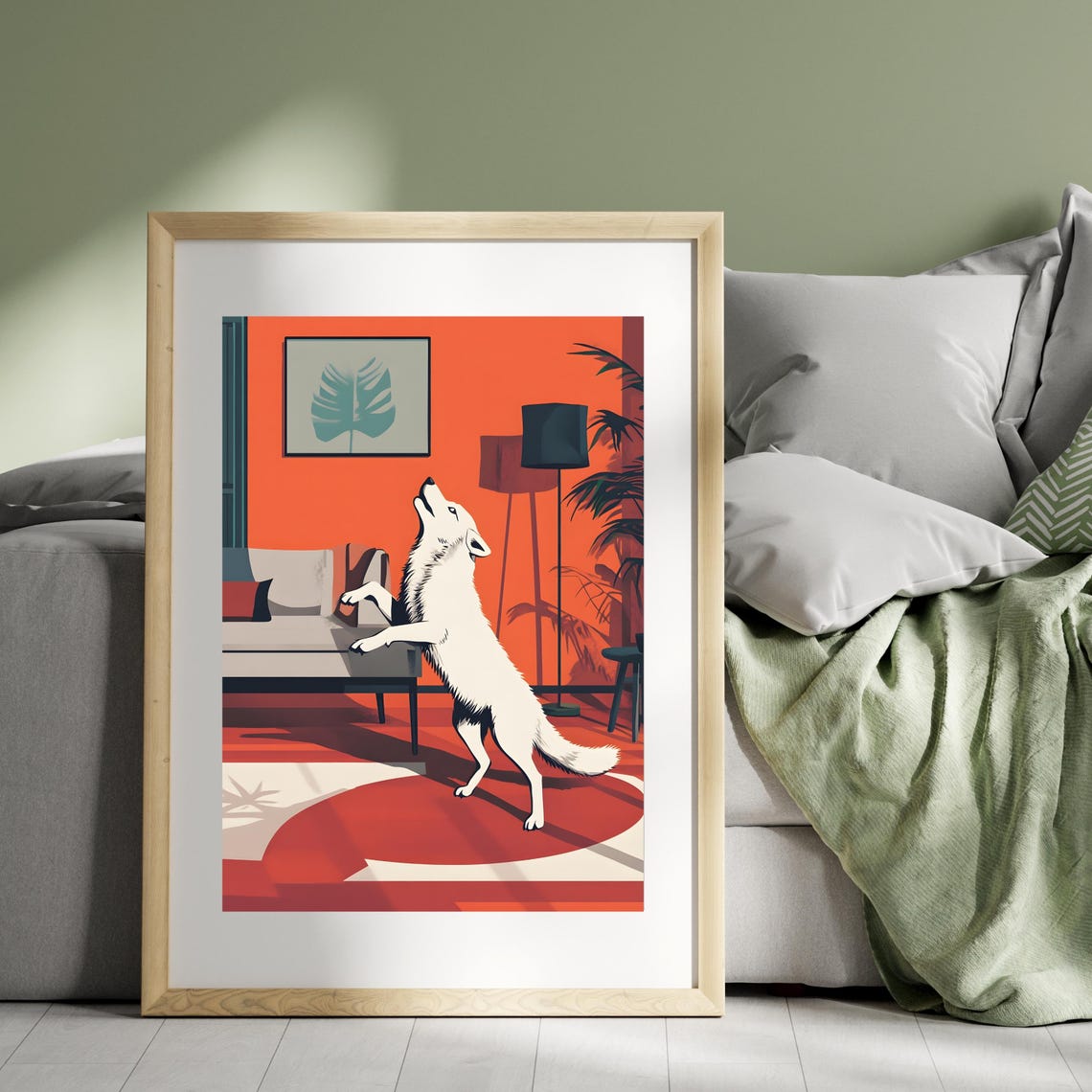 Playful White Wolf Howling Retro Living Room Mid Century Art Poster - Image 2