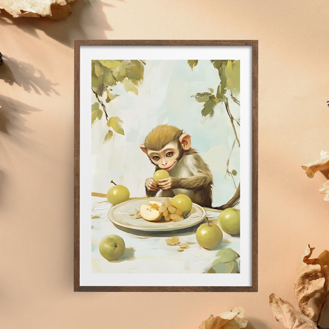 Wide-Eyed Baby Monkey Munching Green Apples at a Fruit-Laden Table Poster - Image 5