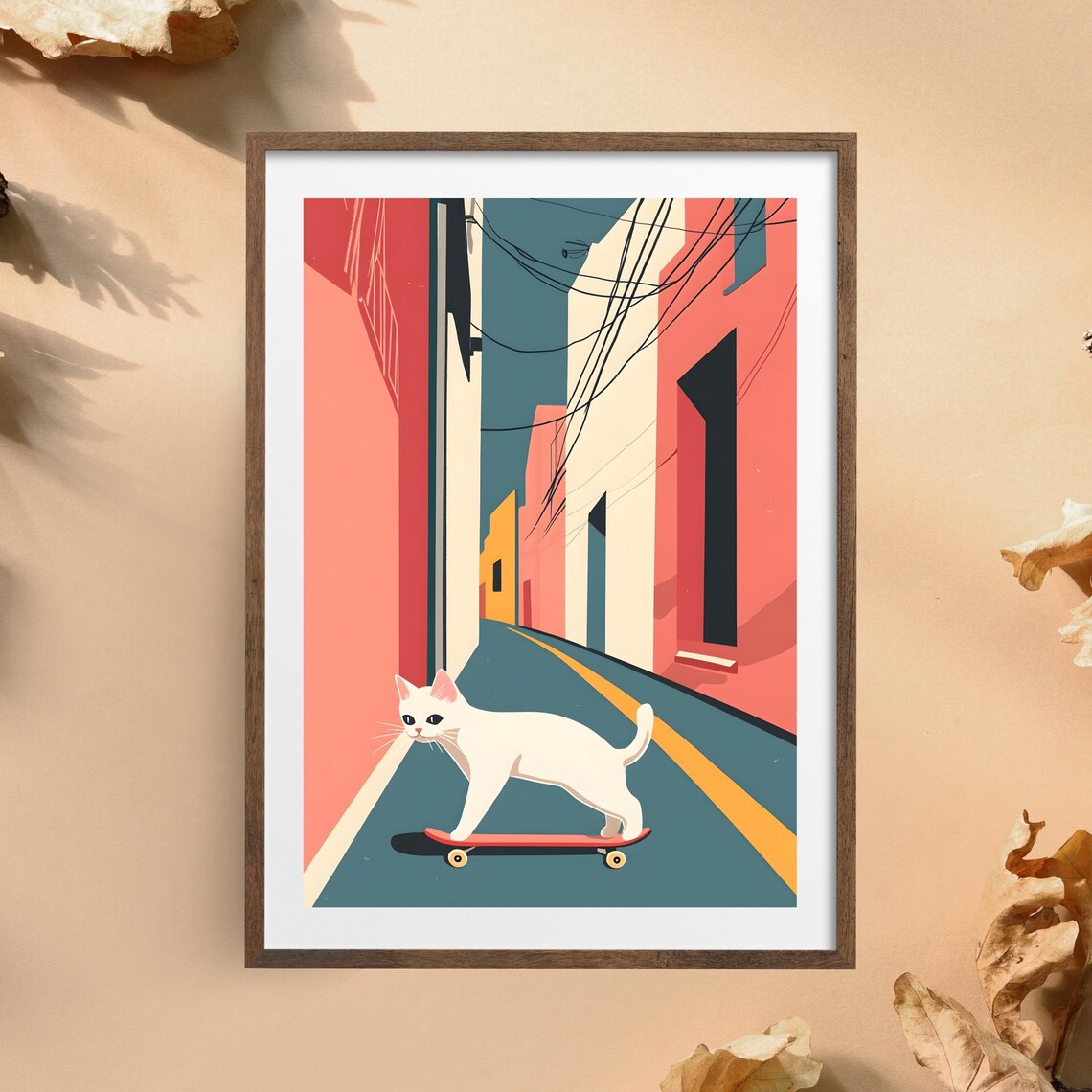 White Cat Skateboarding Down Colorful City Street Art Poster