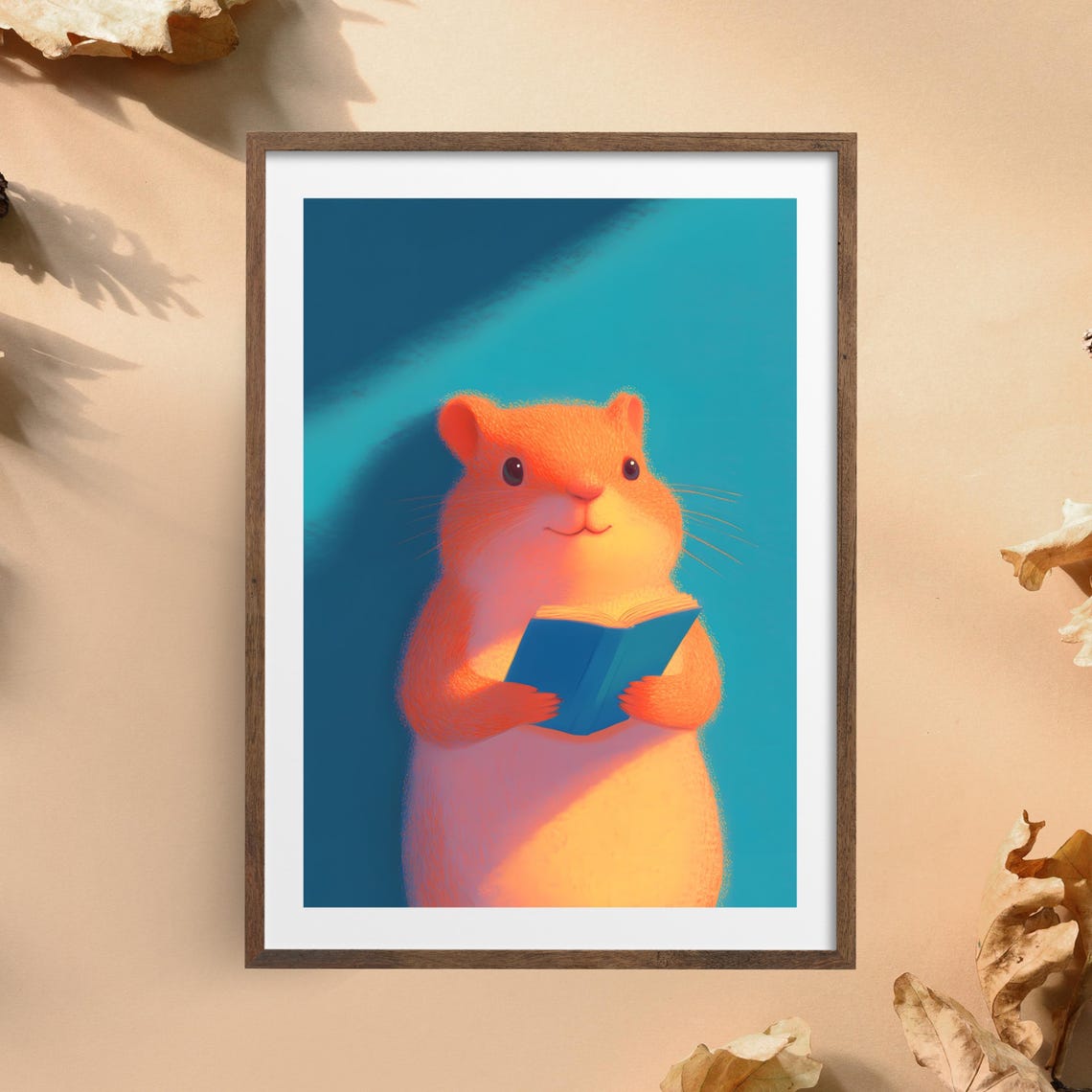 Orange Hamster Reading Blue Book Under Spotlight Cute Pet Poster - Image 2
