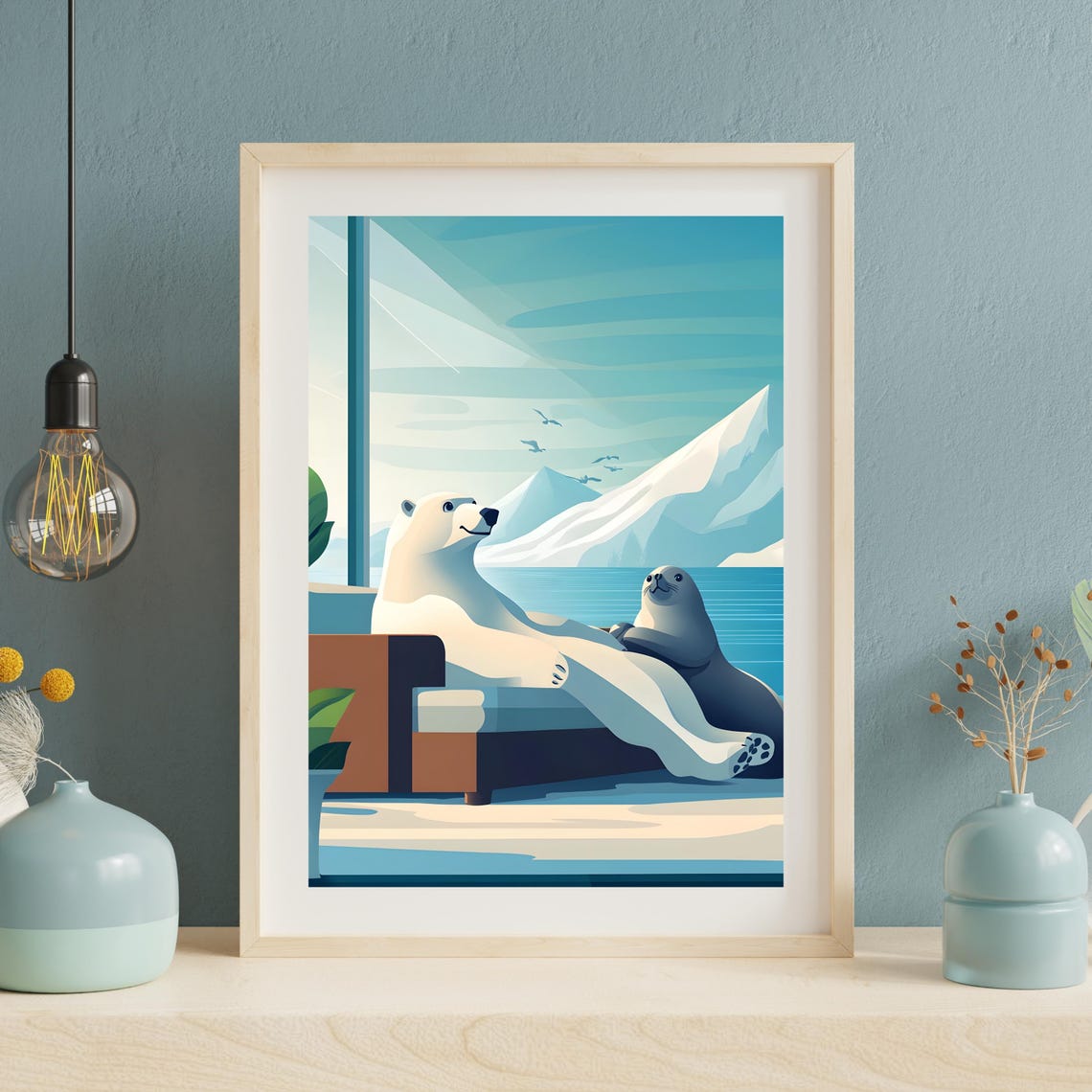 Polar Bear and Seal Relaxing on a Patio over the Arctic Bay Poster - Image 6