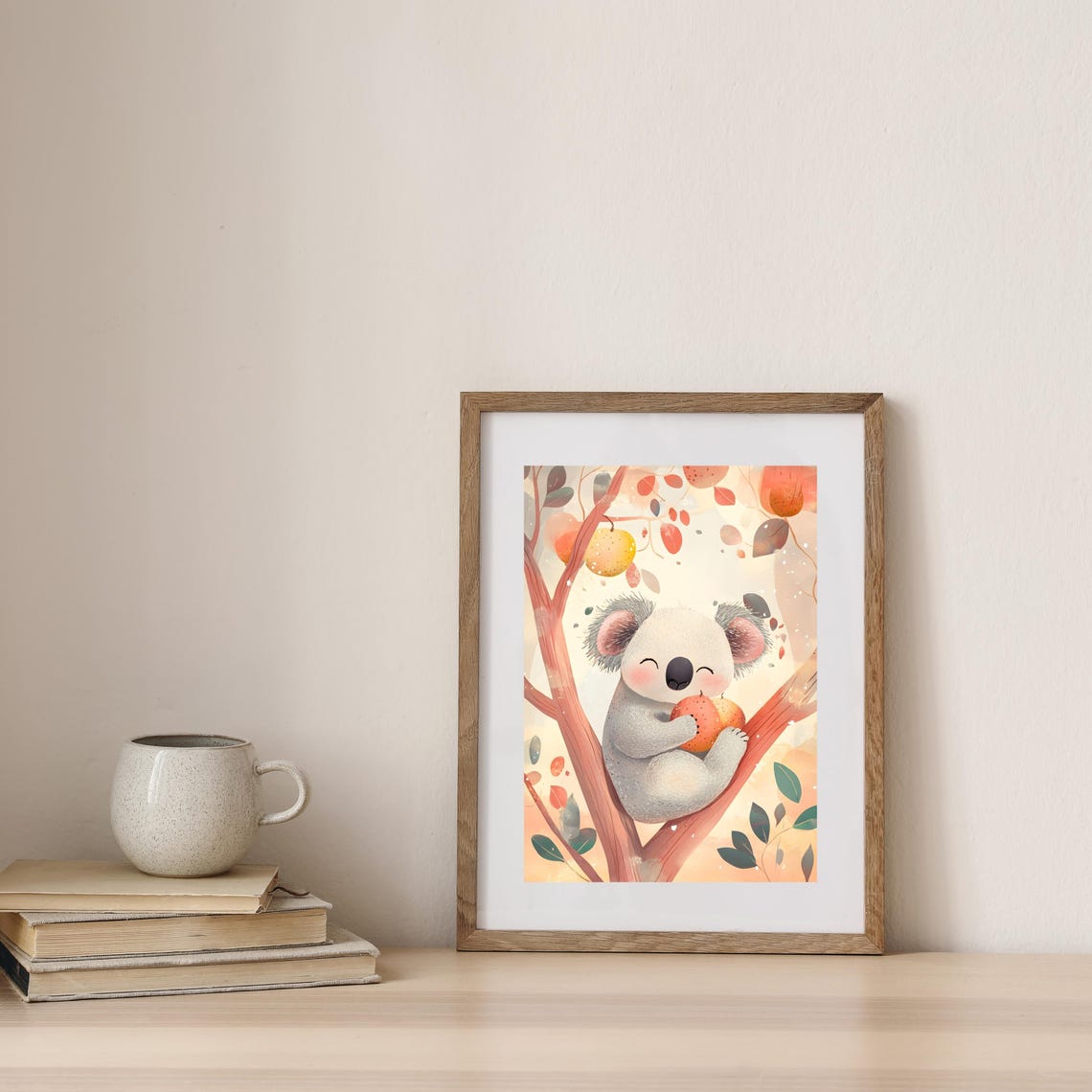 Smiling Baby Koala Hugging Fruit in Pastel Autumn Tree Poster - Image 3