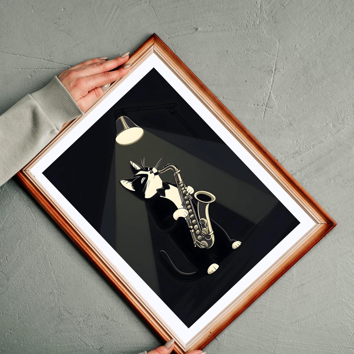Black and White Cat Playing Saxophone Under Lamp Light Poster - Image 3