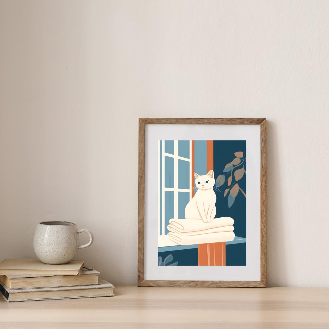 White Cat Sitting On Towels By A Window Mid Century Style Print - Image 5