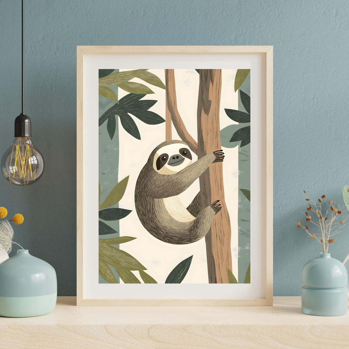 Cute Sloth Climbing a Tree Branch in a Tropical Jungle Poster