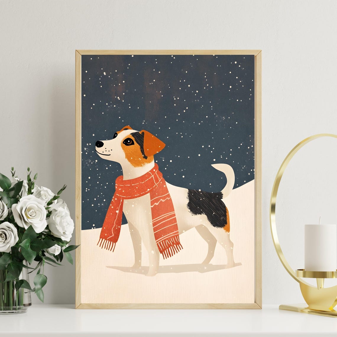 Dog Wearing A Red Scarf Standing In Falling Snow Winter Night Poster - Image 3