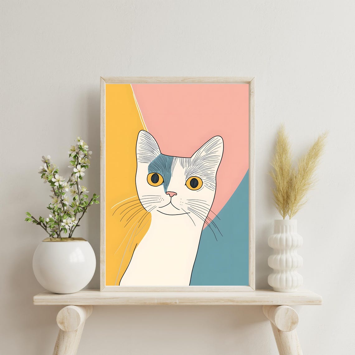 Minimalist Cat Portrait On Pastel Color Blocks Modern Line Art Print - Image 3