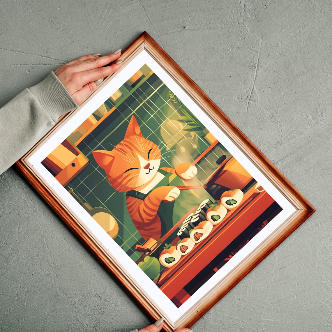 Ginger Cat Sushi Chef Rolling Sushi In A Cozy Kitchen Scene Poster - Image 8