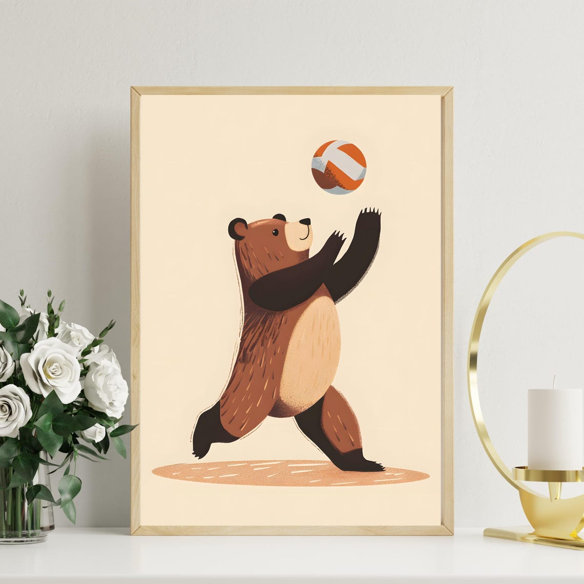 Playful Brown Bear Reaching for a Colorful Beach Ball Poster - Image 2