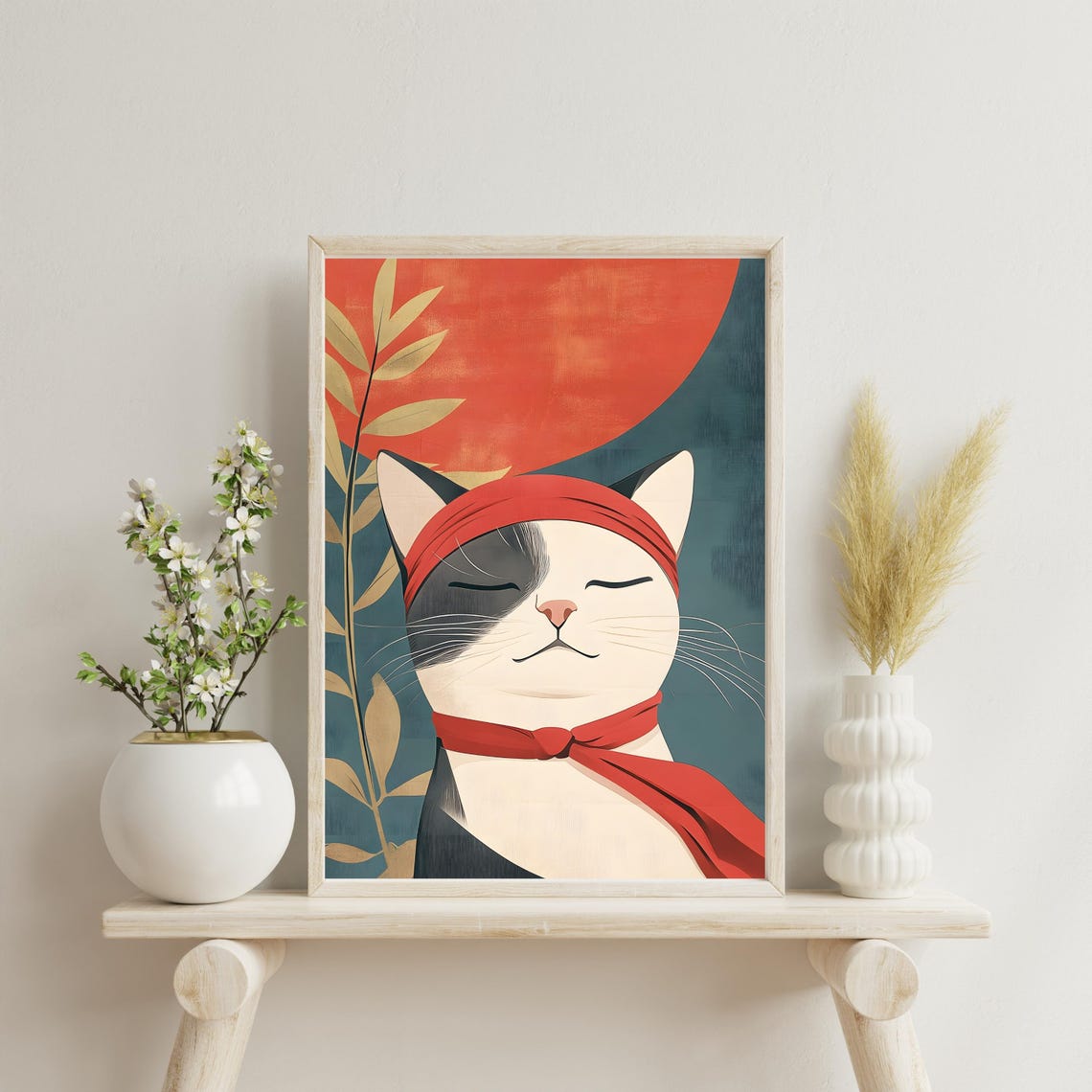 Zen Cat With Red Headband Meditating Before Big Red Sun Poster - Image 4