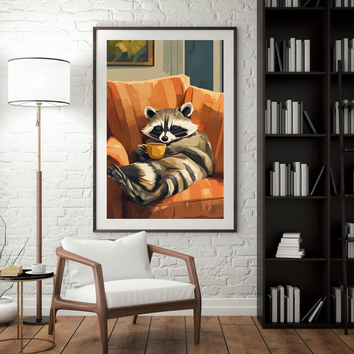 Relaxed Raccoon in an Orange Armchair Holding a Warm Mug Poster - Image 4