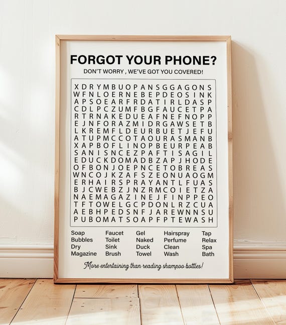 Bathroom Word Search Print Funny Restroom Wall Art Toilet Humour Guest Sign Powder Room Decor