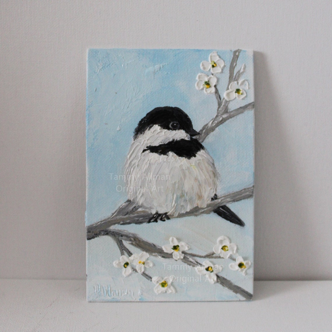Black Capped Chickadee on Blossom Branch Impasto Oil Bird Poster - Image 2