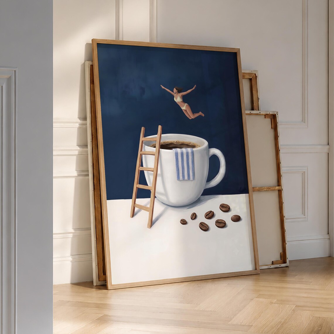 Woman Diving Giant Coffee Cup Navy Blue Surreal Kitchen Poster