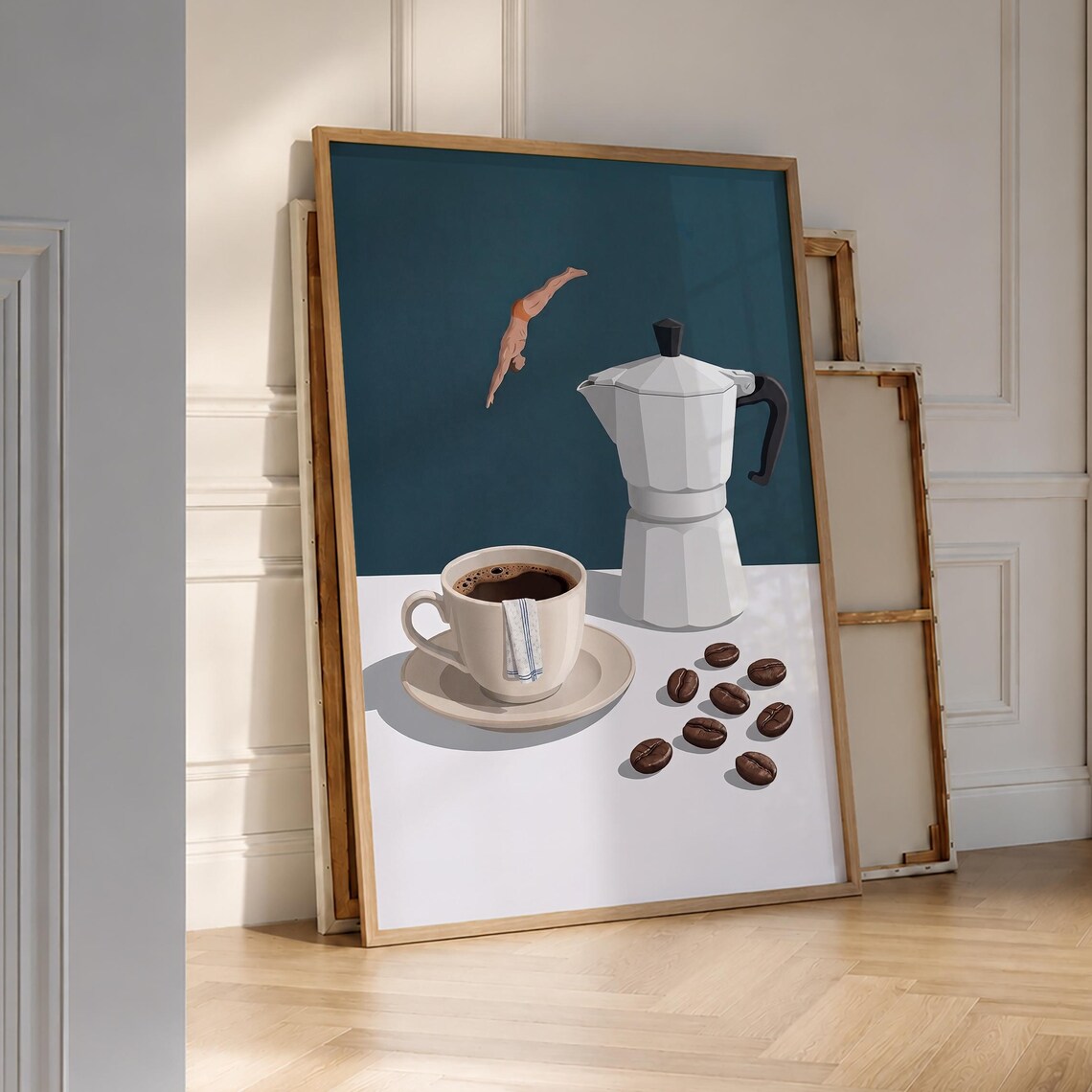 Diving Into Coffee Cup Teal Moka Pot Playful Kitchen Wall Art