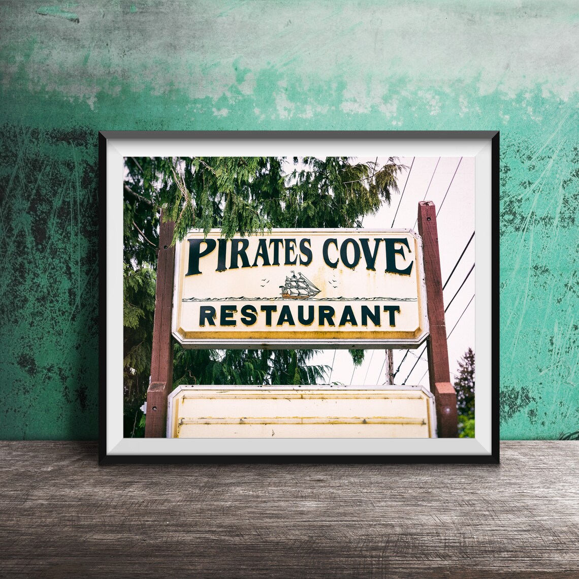 Pirates Cove Restaurant Wooden Sign Ship Illustration Art Poster