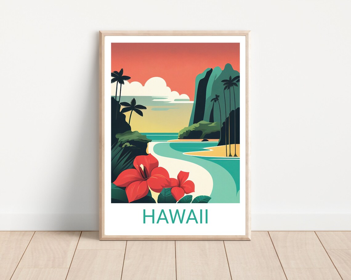 Hawaii Minimalist Travel Poster, Boho Island Art