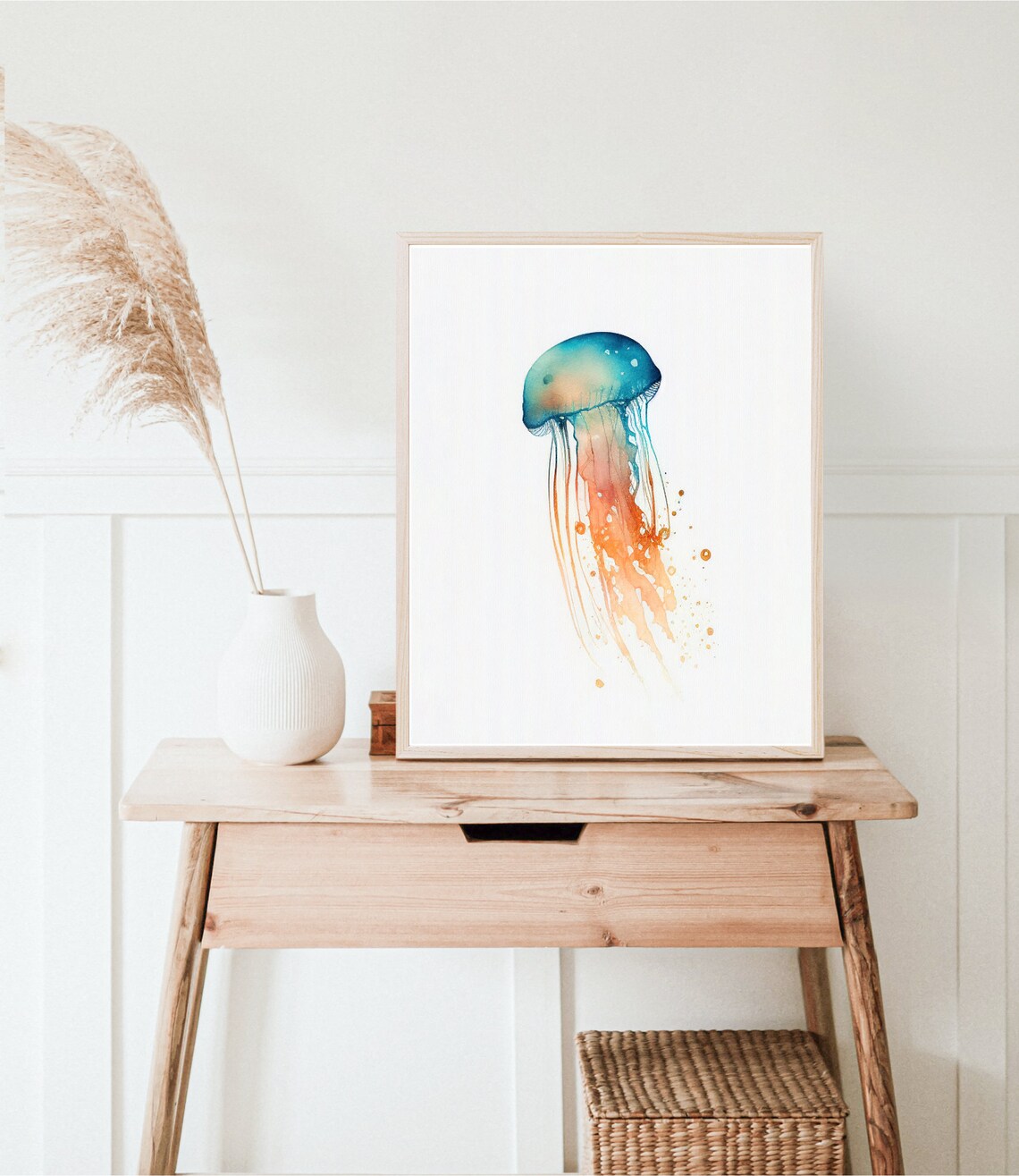 Jellyfish Watercolor Teal Orange Minimalist Ocean Animal Wall Poster - Image 2