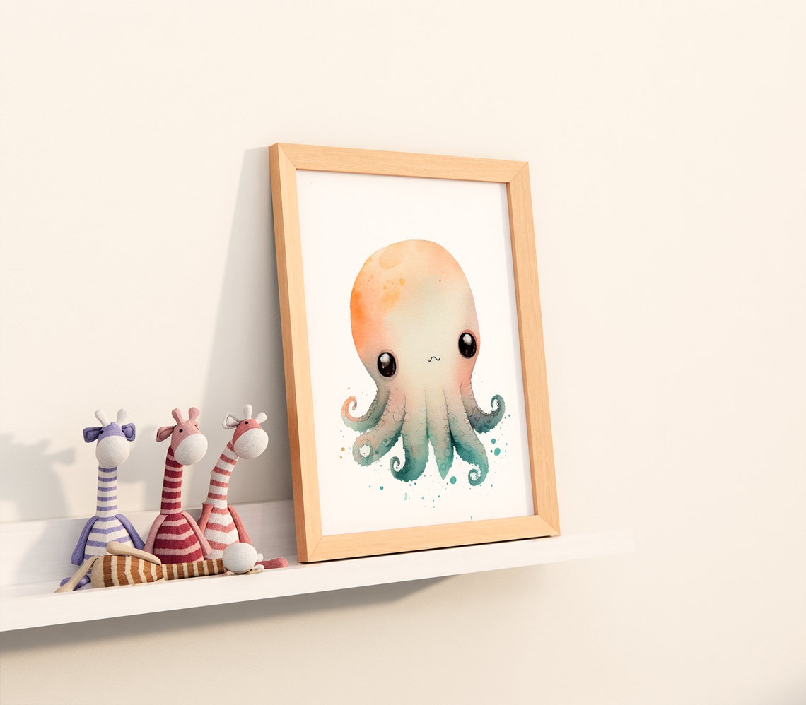 Watercolor Nursery Kawaii Octopus Cute Nursery Animal Art Baby Animal Nursery Painting Art For Babies Gifts For Newborns - Image 3