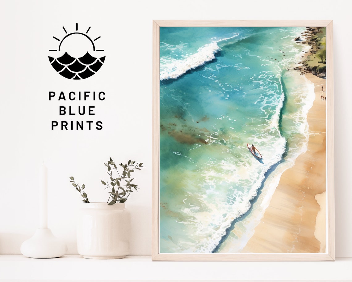 Aerial Beach Surf Watercolor Turquoise Wave Ocean Wall Art Poster - Image 4