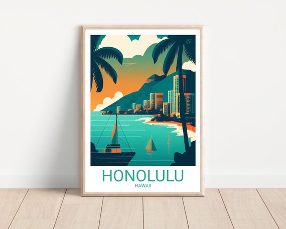 Honolulu Travel Print Hawaii Artwork Island Art Hawaii Poster Travel Poster Minimalist Art Boho Art Travel Artwork Honolulu Print