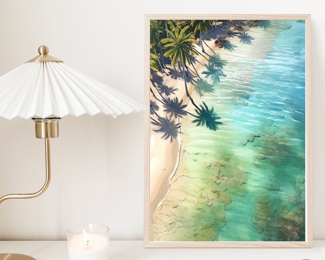 Aerial Tropical Lagoon Watercolor Palm Shadows Beach Wall Art Poster - Image 2