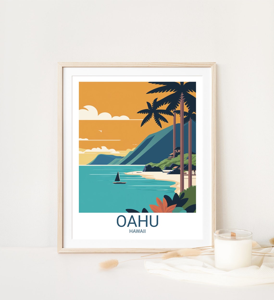 Oahu Hawaii Beach Retro Travel Illustration Turquoise Ocean Poster - Image 4