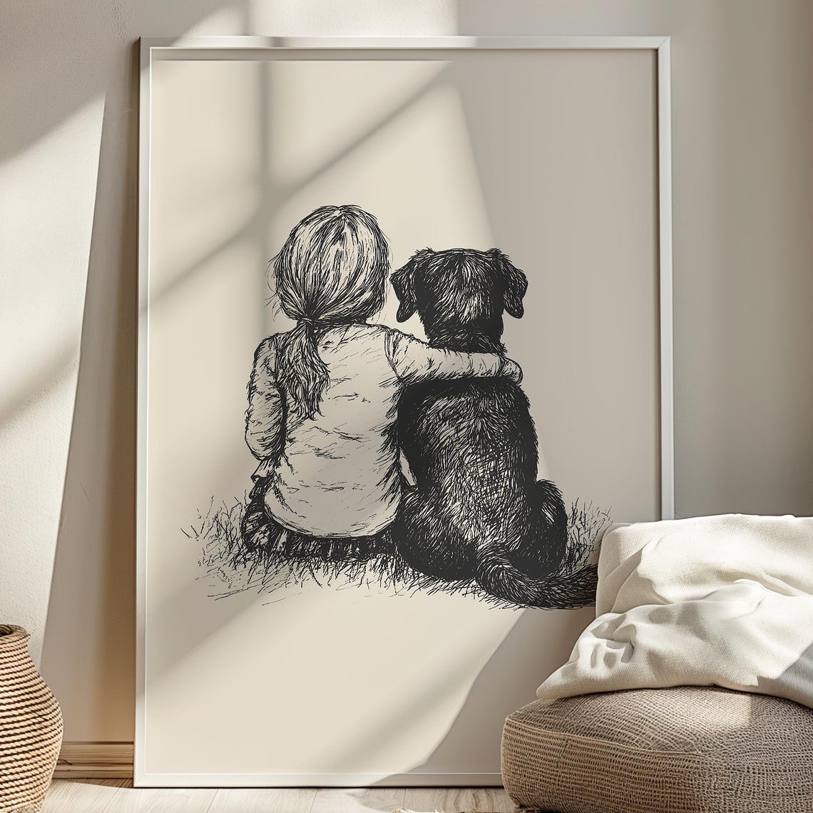 Girl With Black Lab Print Labrador Retriever Dog Vintage Poster Girls Nursery Decor Retro Dog Drawing Dog Art Sketch Baby Room Painting