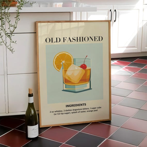 Old Fashioned Cocktail Print Party Drink Wall Art Trendy Retro Kitchen Poster Bar Cart Digital File