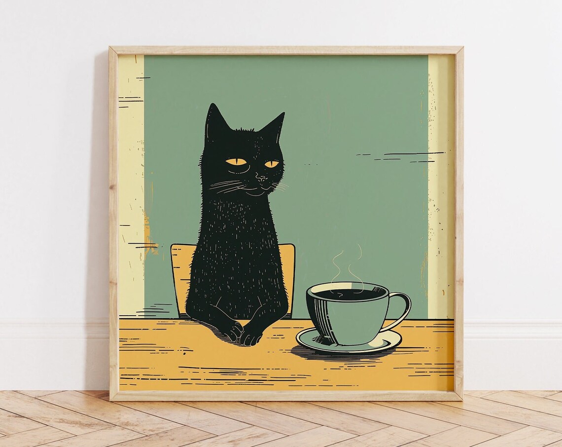 Black Cat Drinking Coffee, Funny Kitchen Wall Art