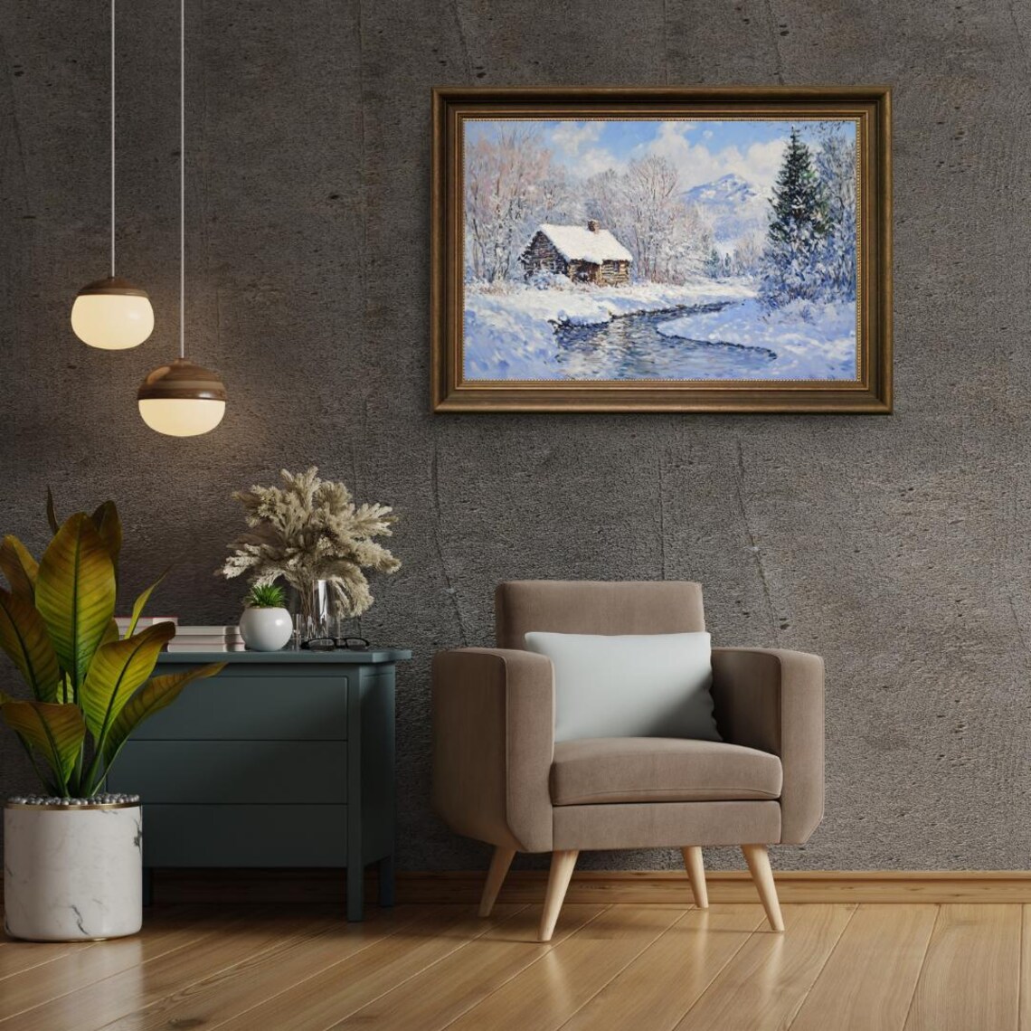 Rustic Log Cabin In Winter Mountain Stream Landscape