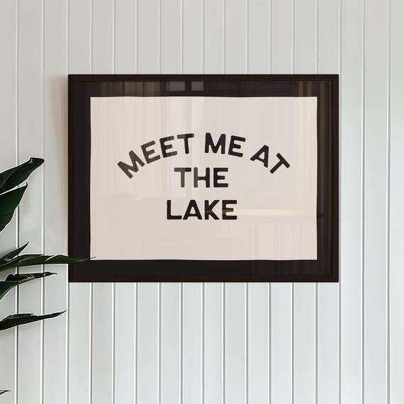 Meet Me At The Lake Print Retro Cabin Art Fishing Poster