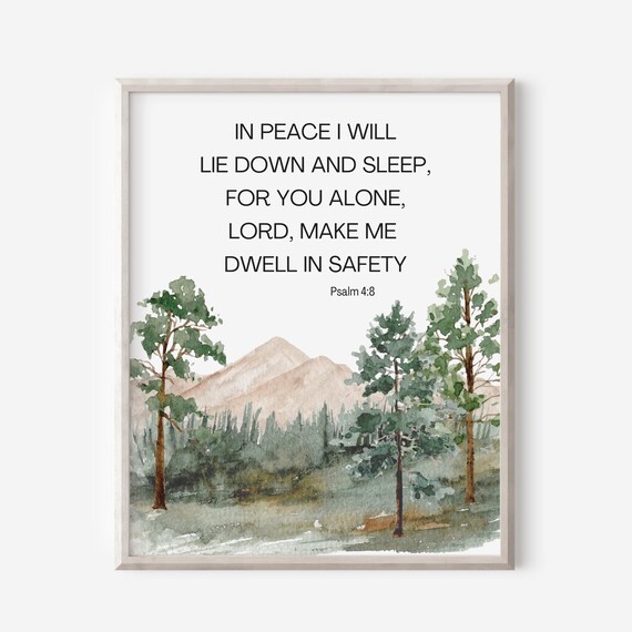 Psalm 48 In Peace I Will Lie Down And Sleep Bible Verse Wall Art Christian Gift For Men Scripture Print Watercolor Mountain Above Bed