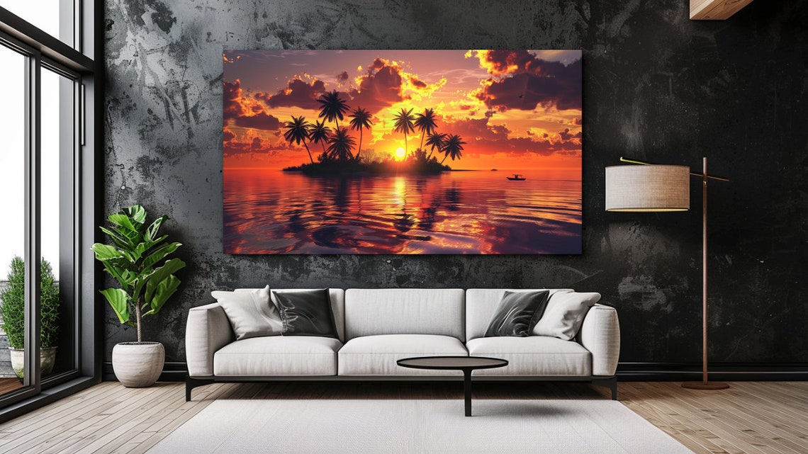 Tropical Island Sunset Palm Silhouettes Ocean Reflection Poster
