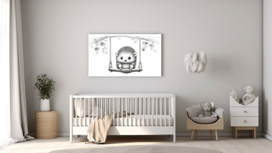 Baby Hedgehog Sitting on Swing Black White Sketch Nursery Wall Art