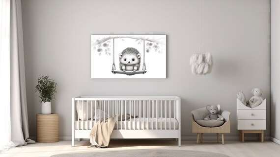 Baby Hedgehog Sitting on Swing Black White Sketch Nursery Wall Art